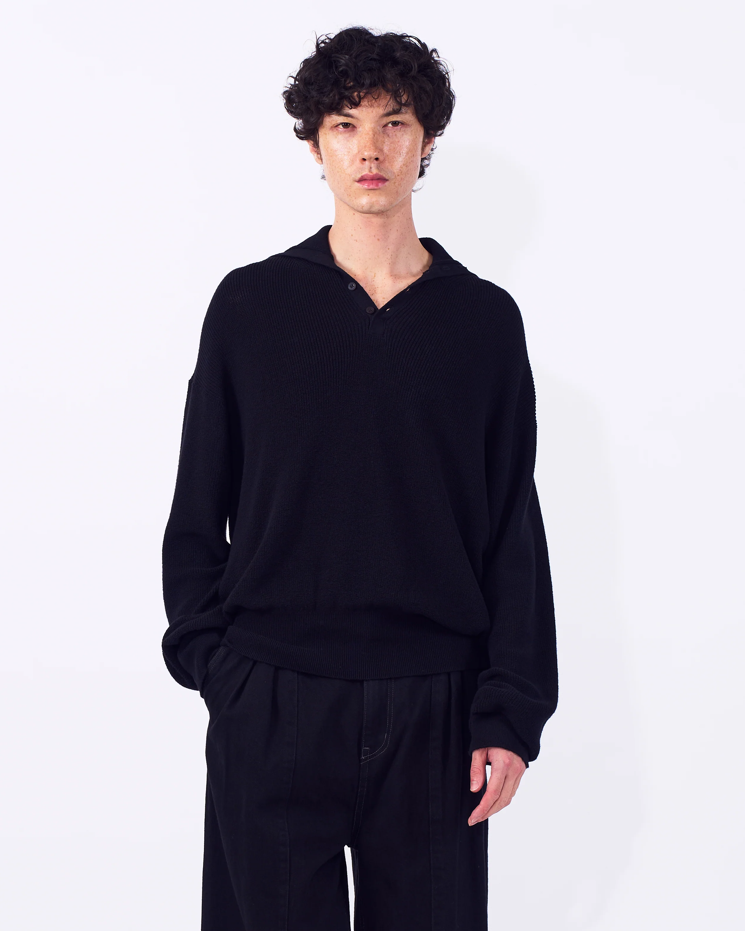 Cotton Hard Twist Highneck Henley Rib Sweater - Image 10