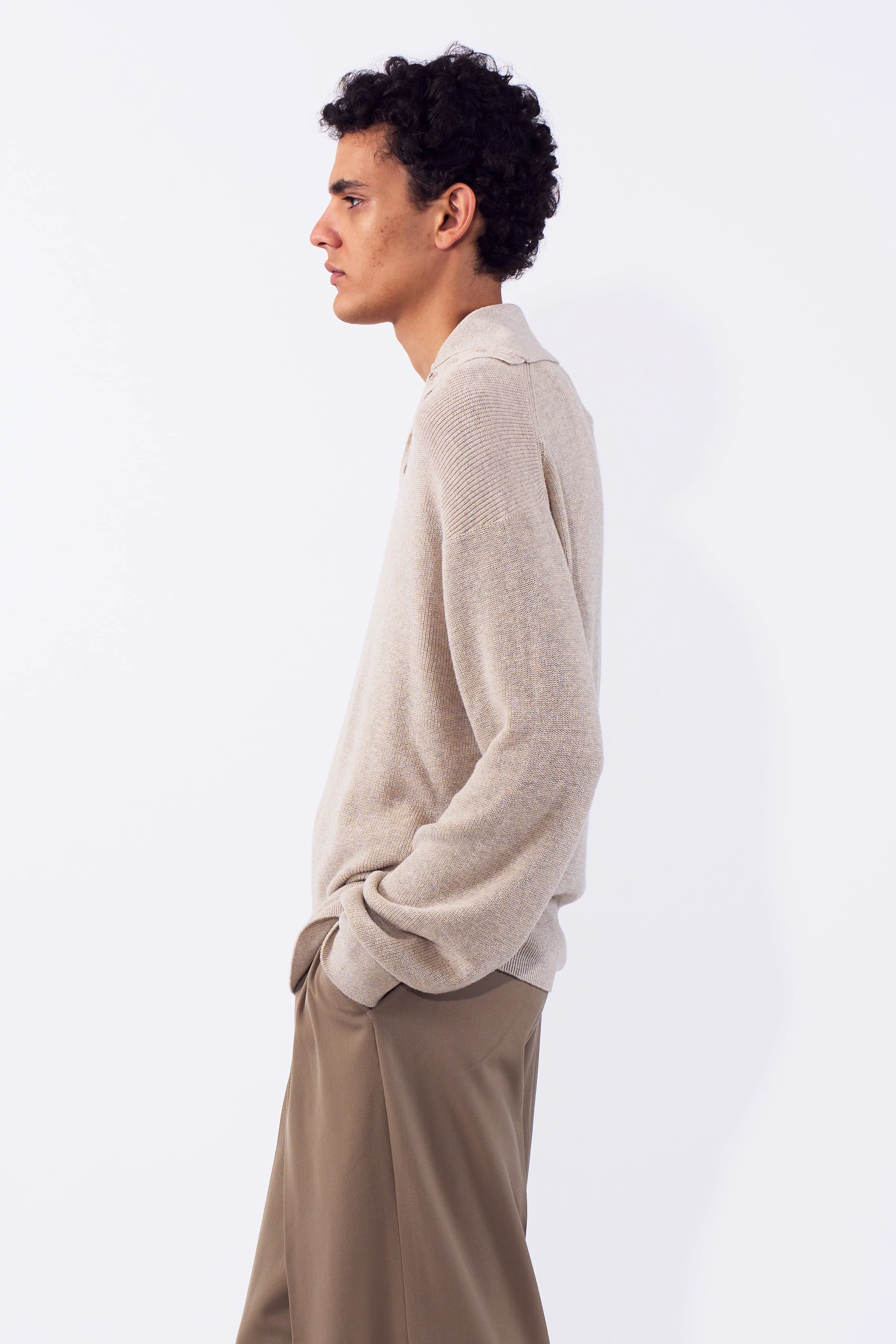 Cotton Hard Twist Highneck Henley Rib Sweater - Image 3