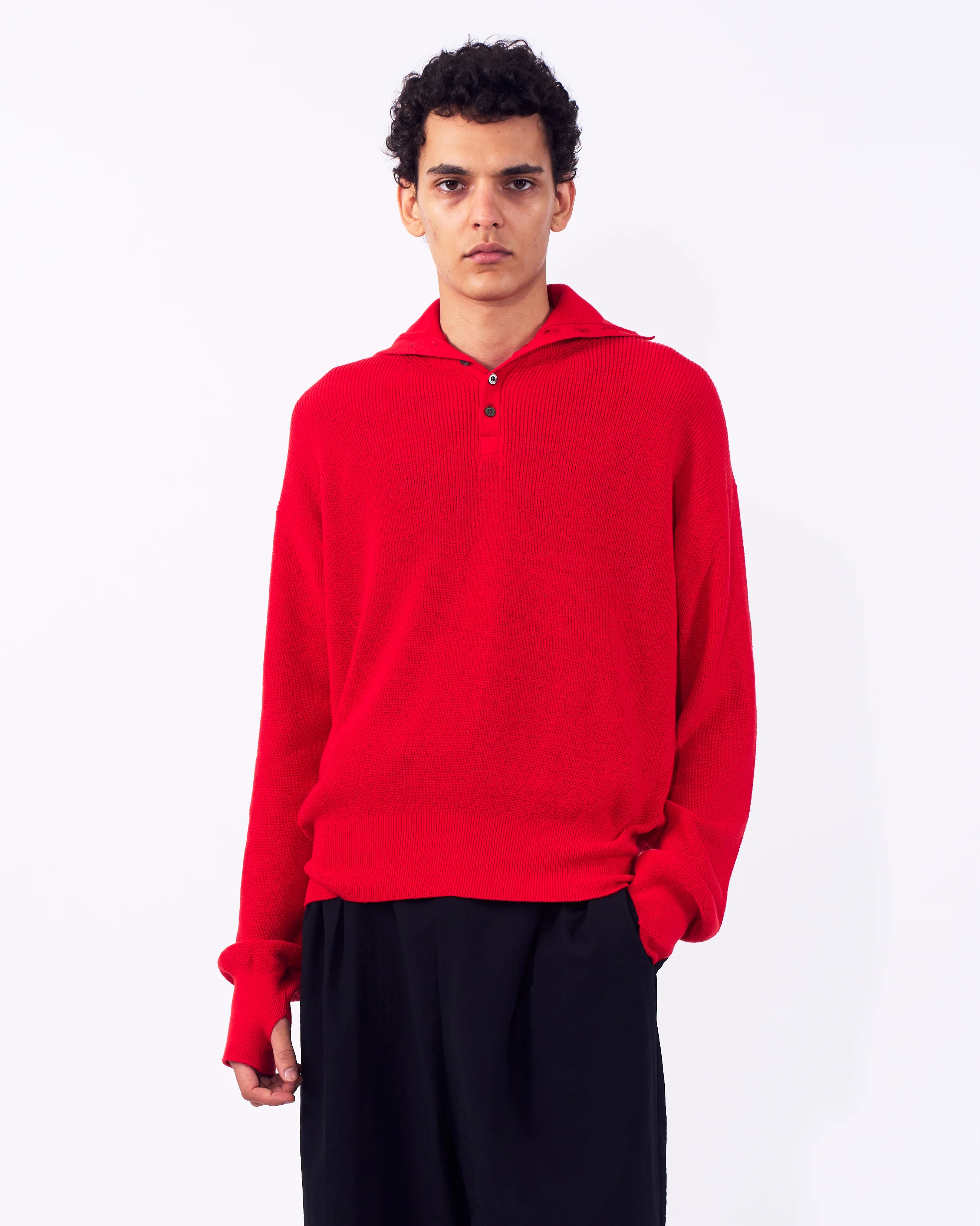 Cotton Hard Twist Highneck Henley Rib Sweater - Image 6