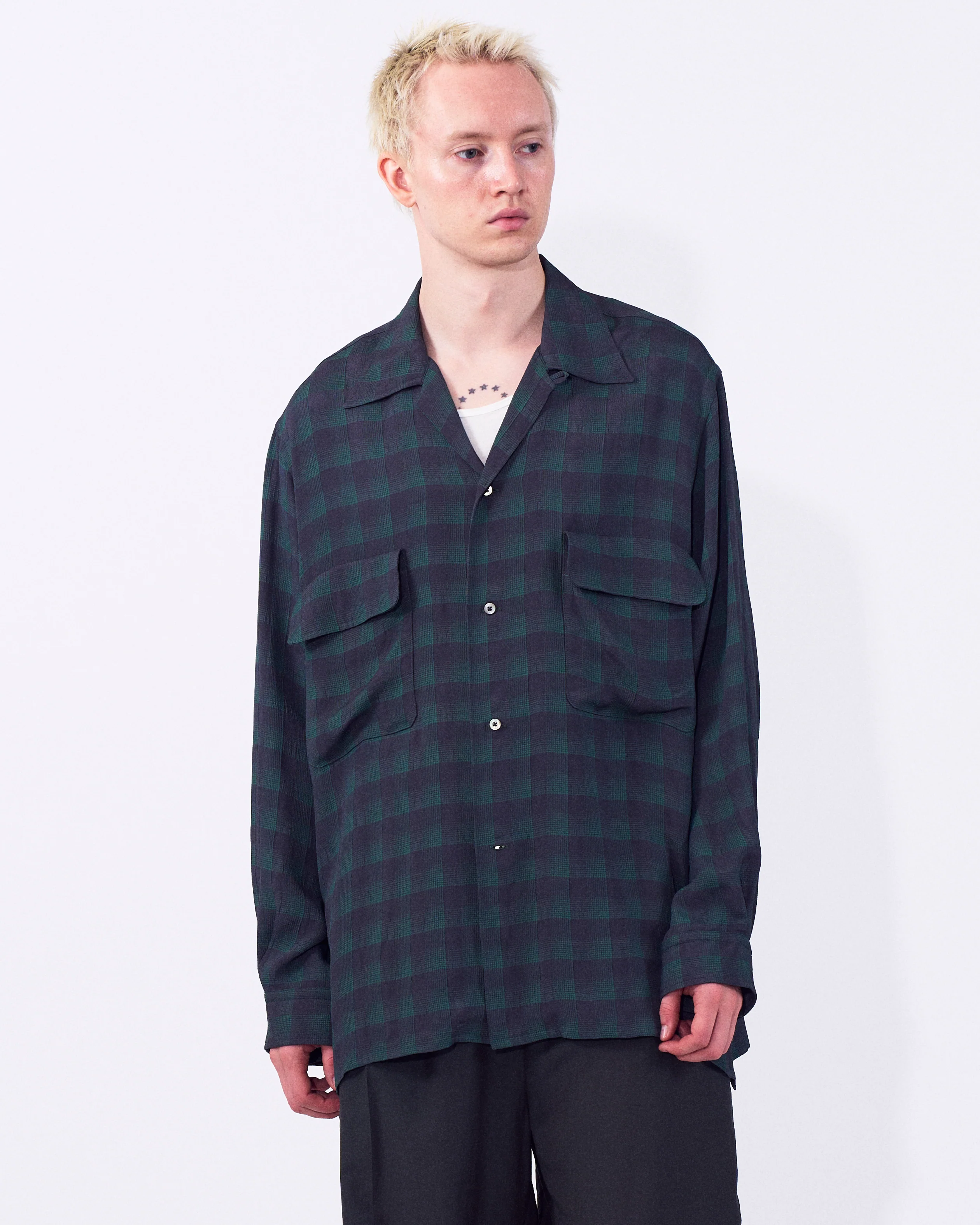 Rayon Acetate Jacqard Plaid Open Collar Shirt - Image 12