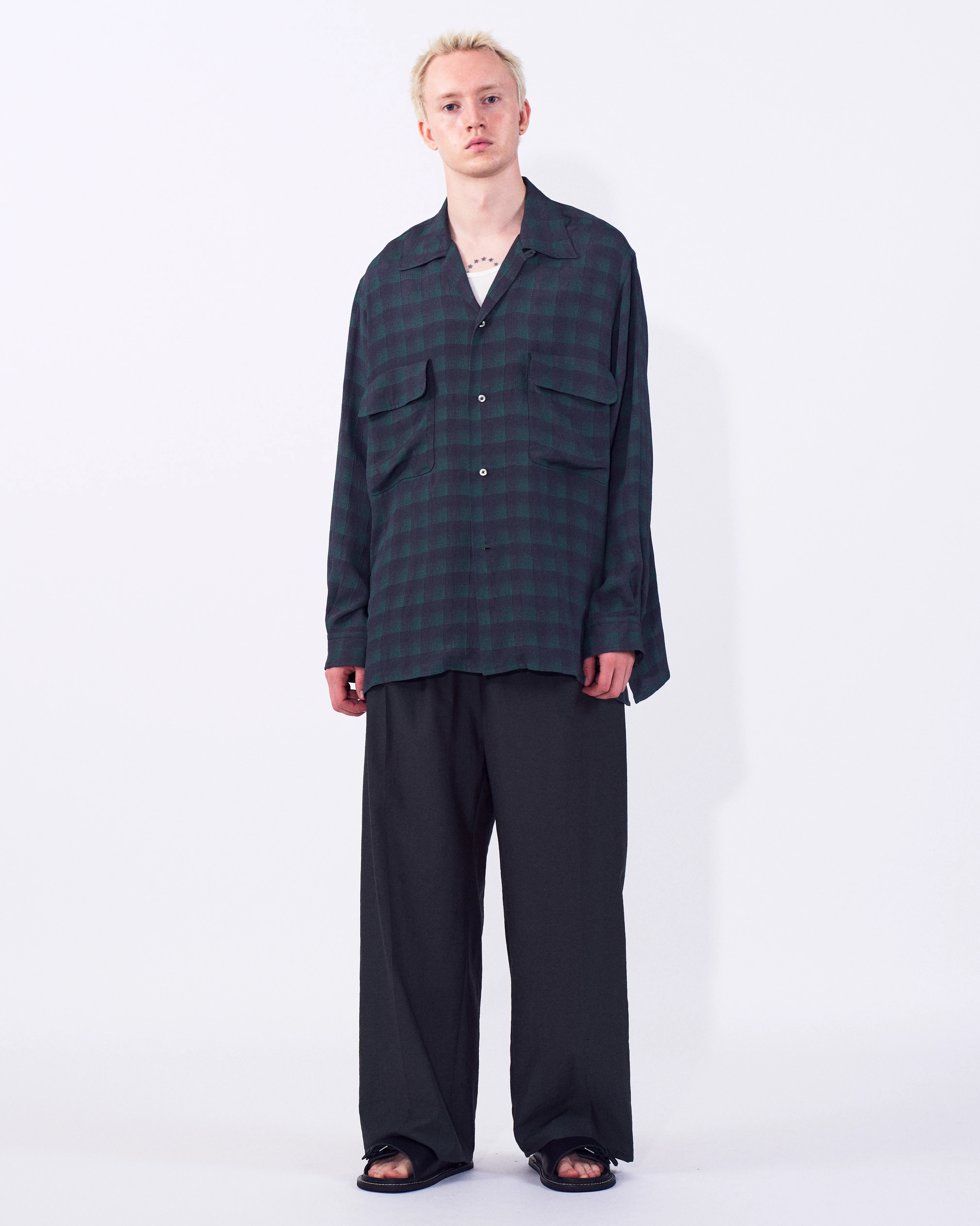 Rayon Acetate Jacqard Plaid Open Collar Shirt - Image 15