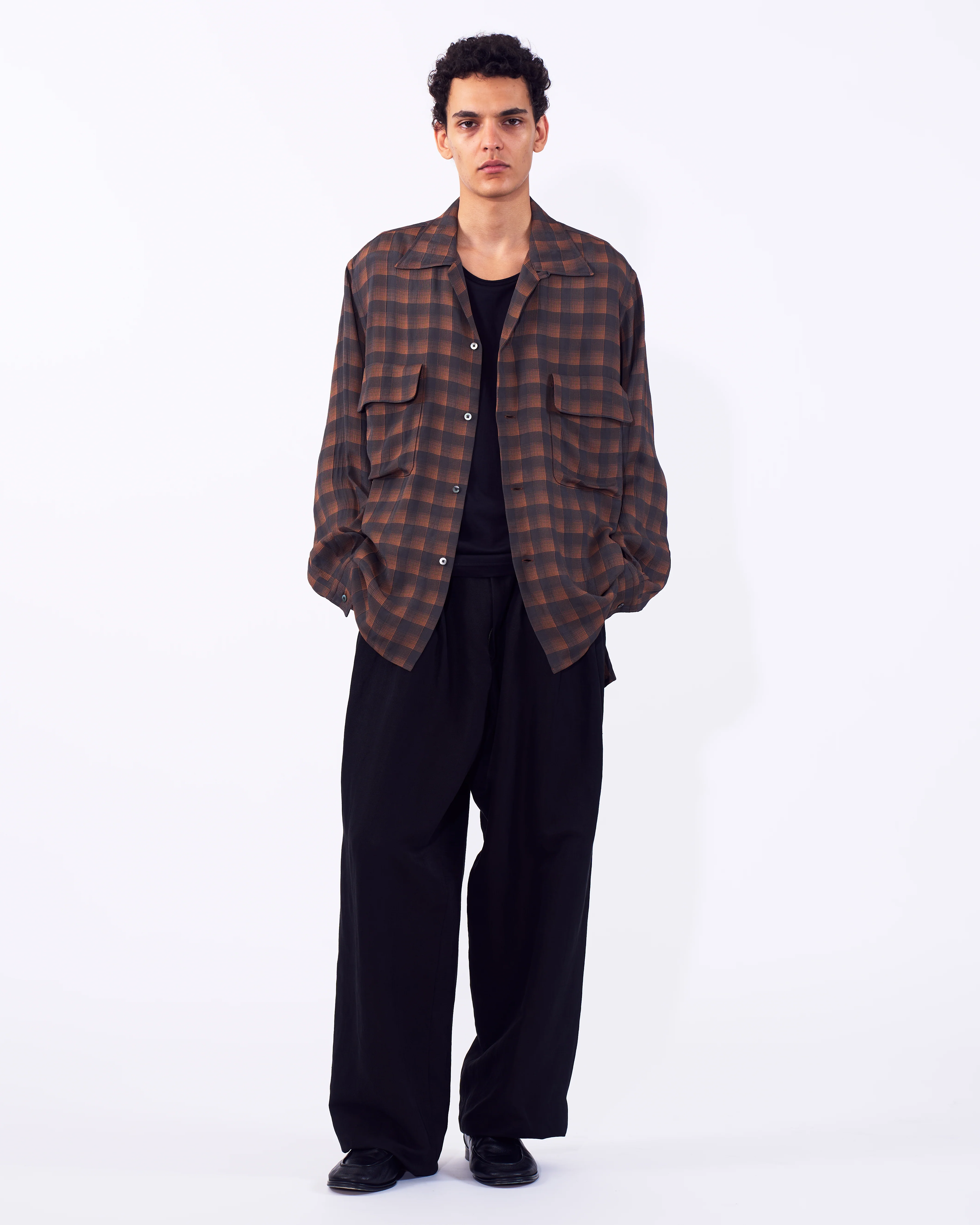 Rayon Acetate Jacqard Plaid Open Collar Shirt - Image 3