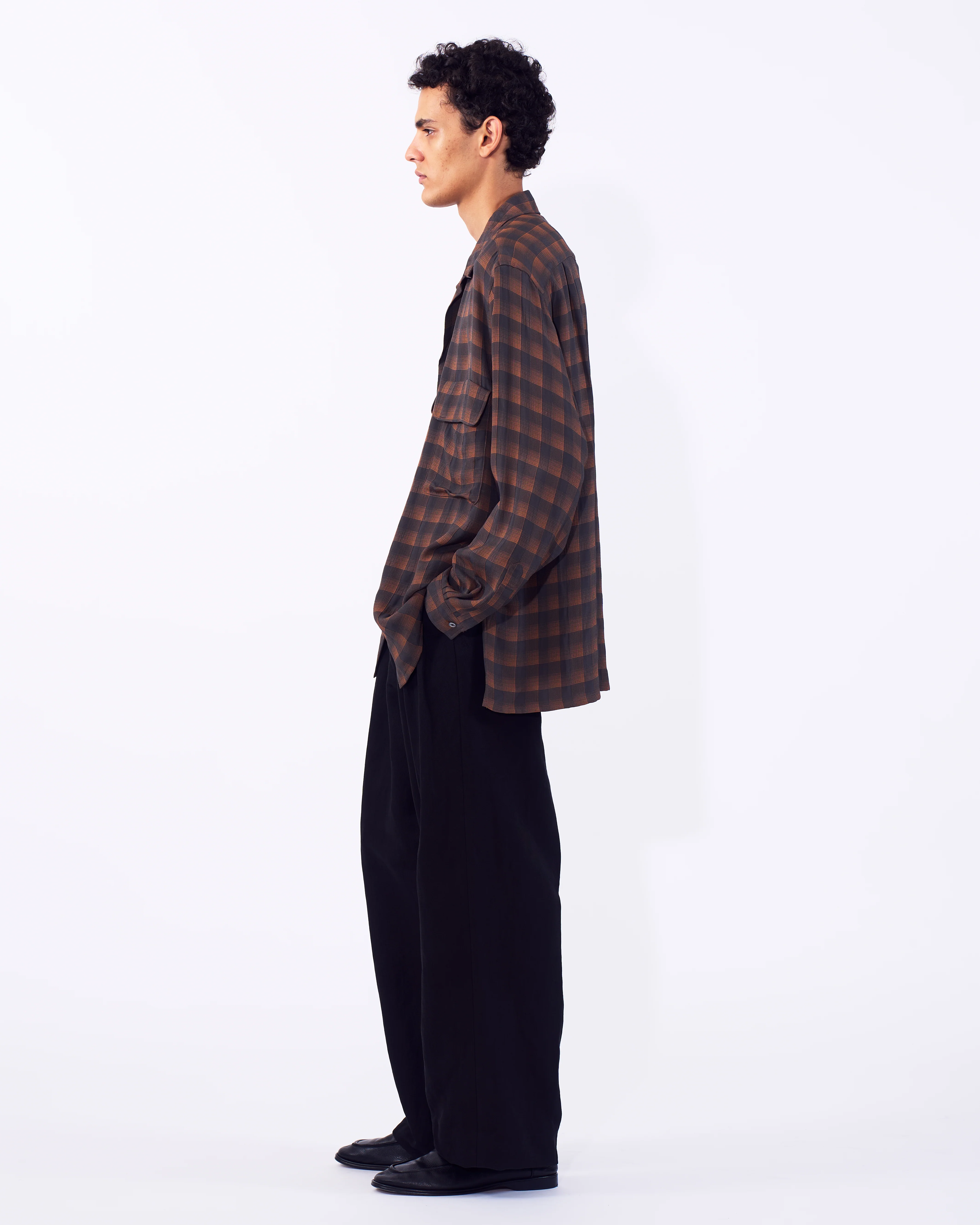 Rayon Acetate Jacqard Plaid Open Collar Shirt - Image 4