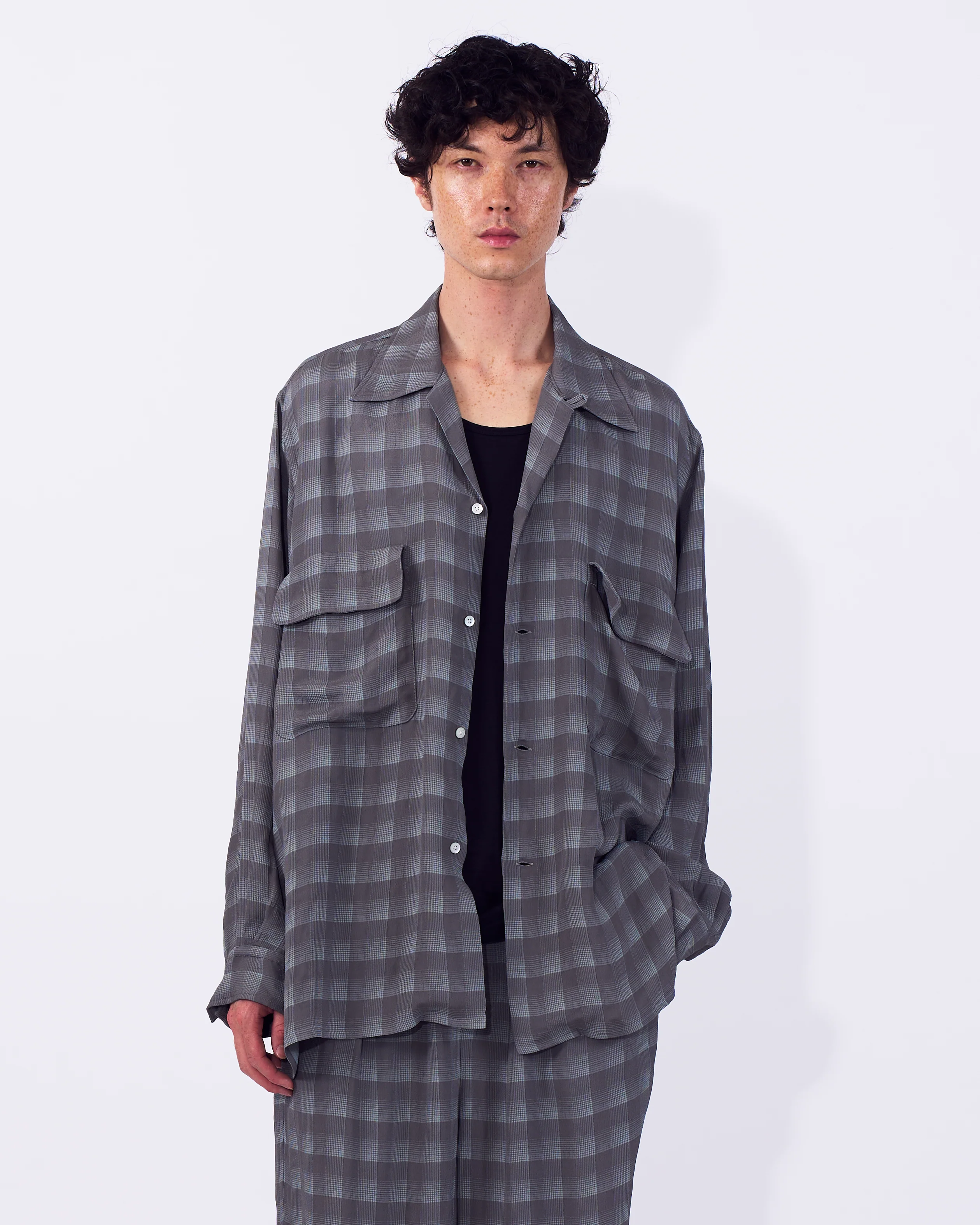 Rayon Acetate Jacqard Plaid Open Collar Shirt - Image 7