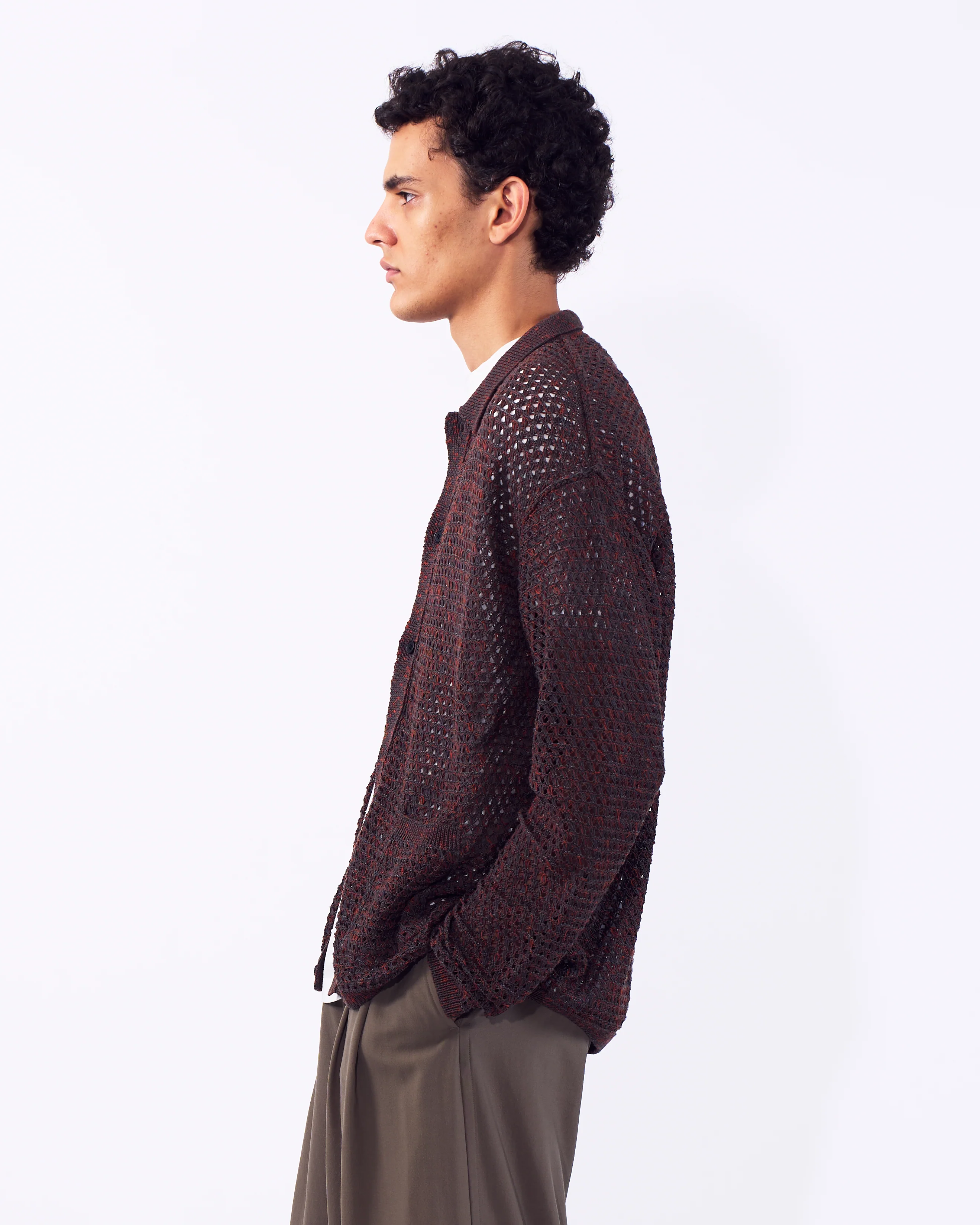 Cotton Mesh Knit Shirt Cardigan - Image 3