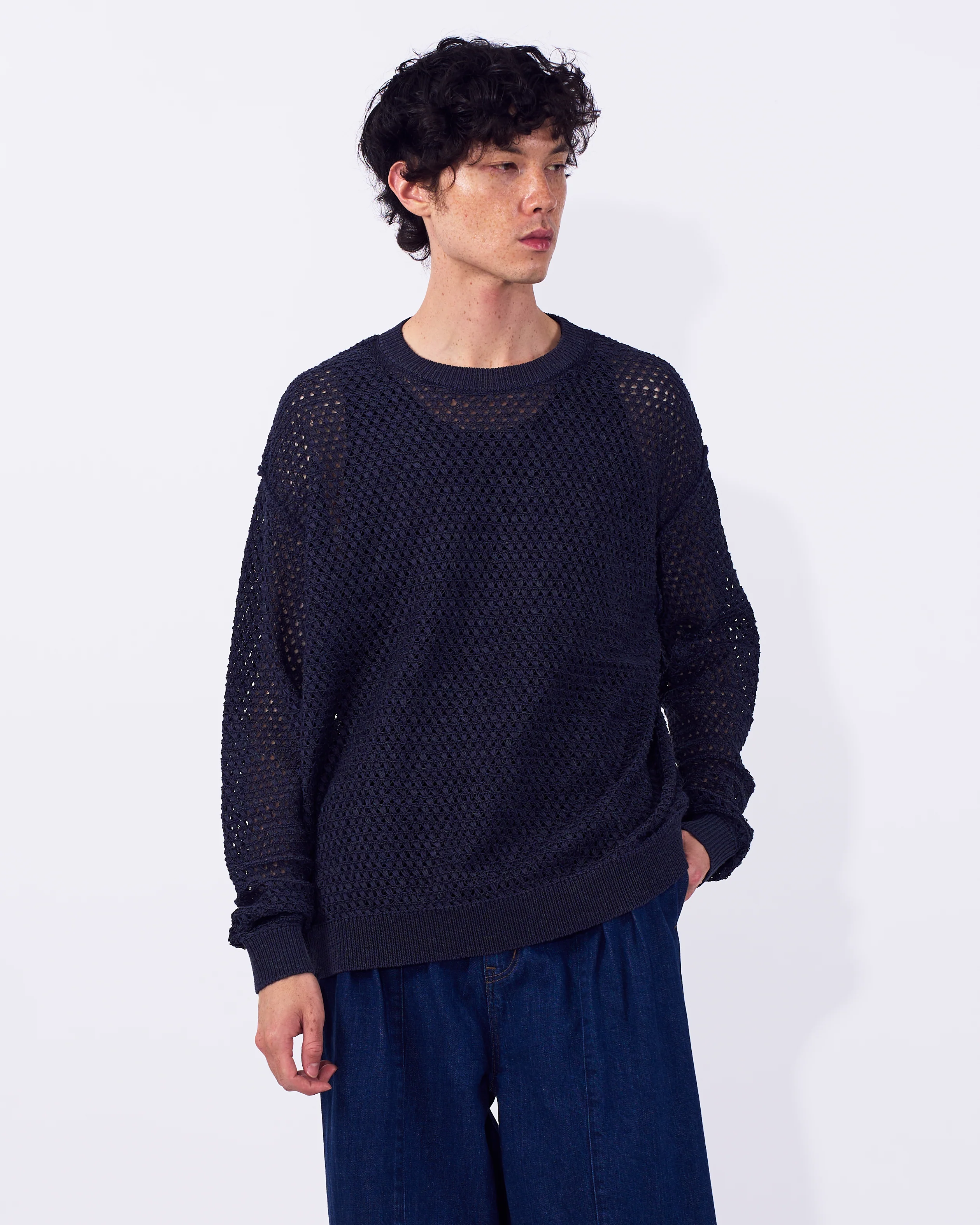 Cotton Mesh Knit Crewneck Sweater - Image 15