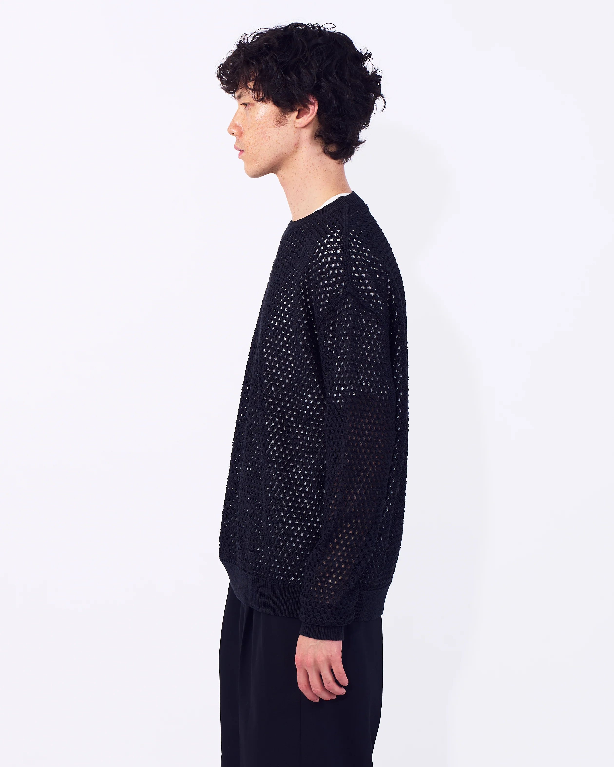 Cotton Mesh Knit Crewneck Sweater - Image 3