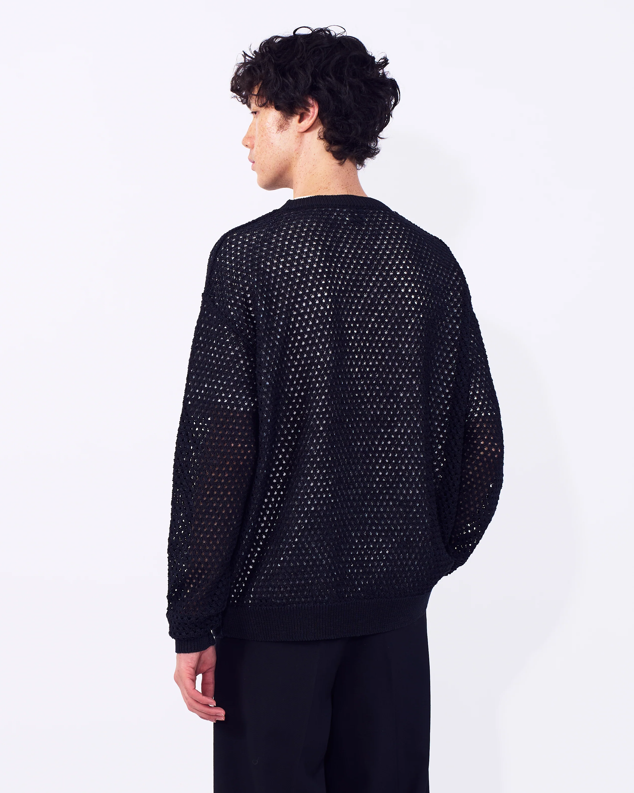 Cotton Mesh Knit Crewneck Sweater - Image 4