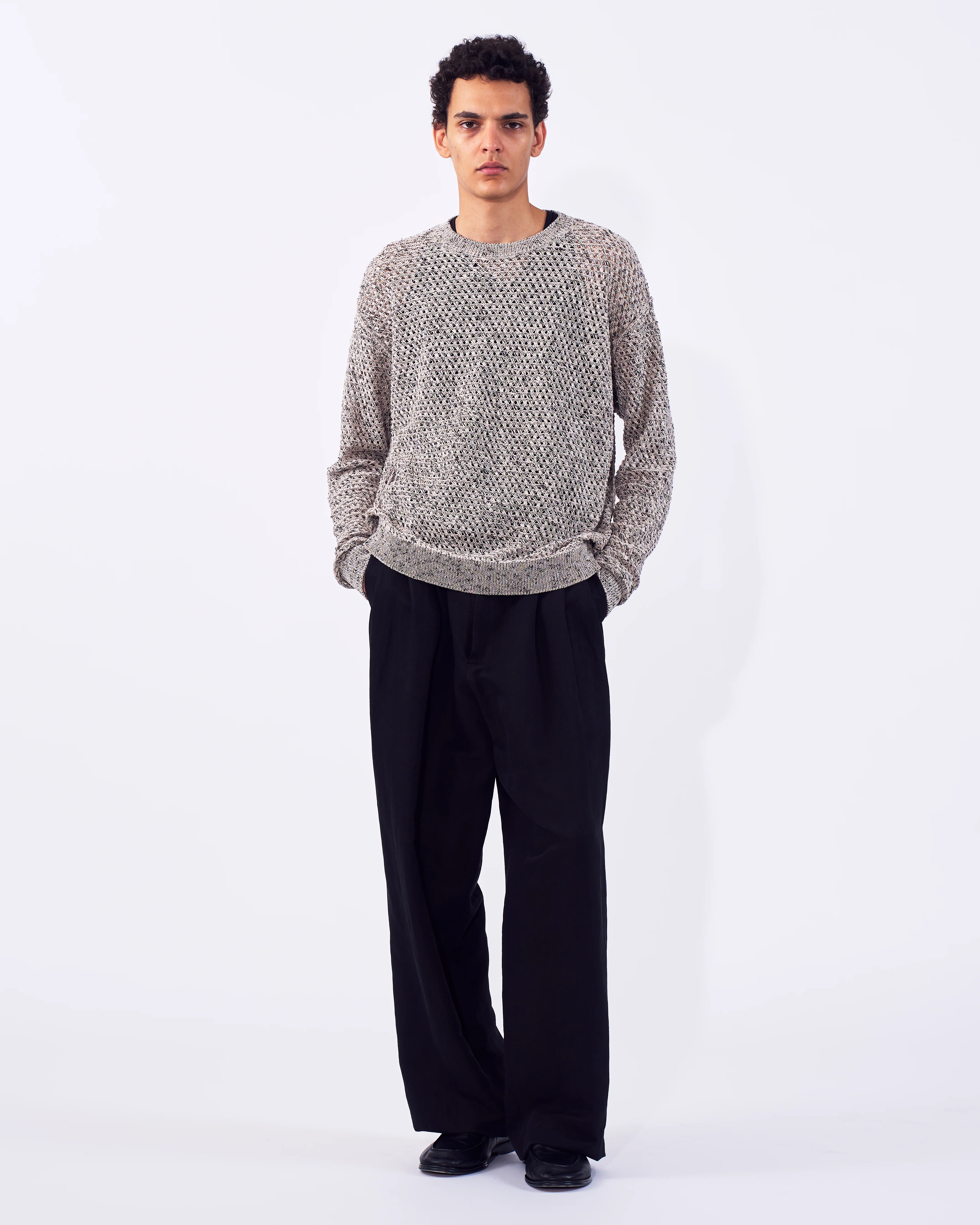 Cotton Mesh Knit Crewneck Sweater - Image 6