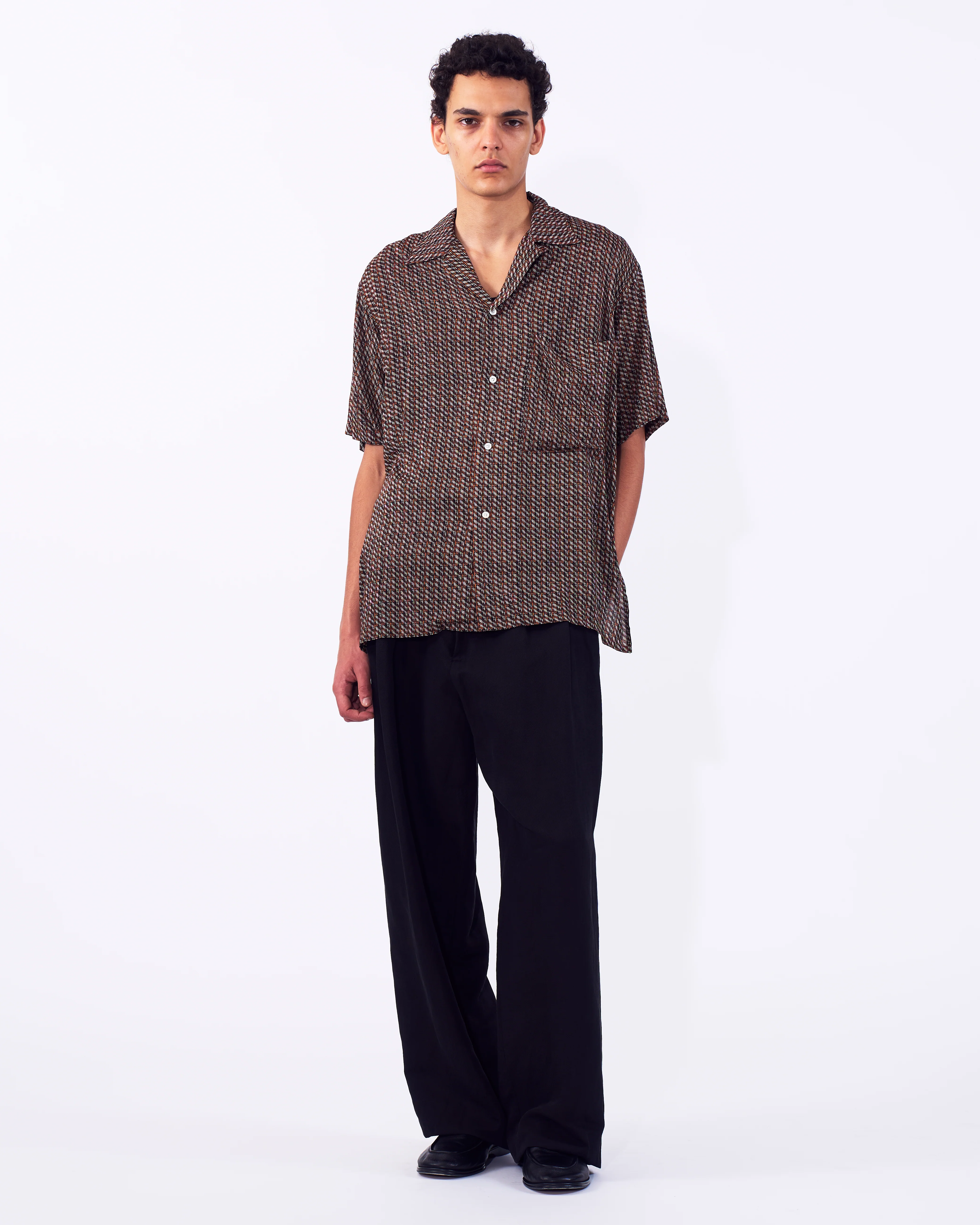 Vintage Pattern Printed Rayon Open Collar Shirt - Image 6